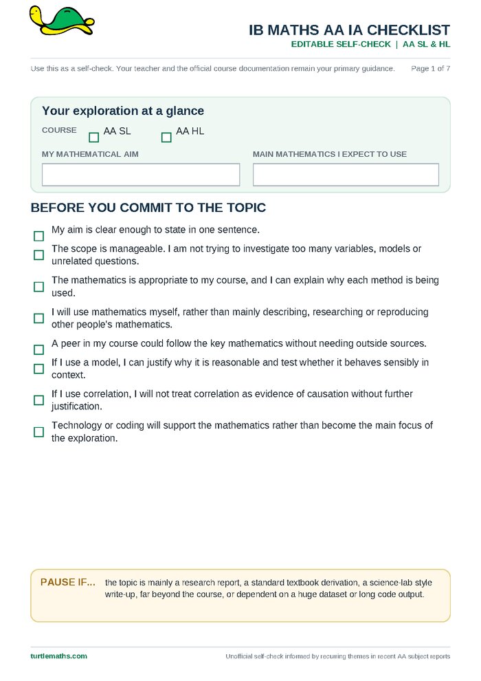 Preview of page 1 of the IB Maths IA Checklist PDF
